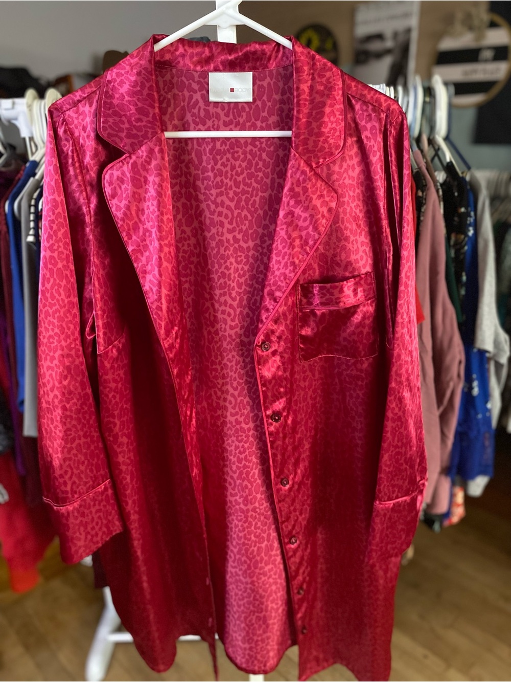 Avenue Hot Pink Satin-Feel Leopard long Sleep Shirt